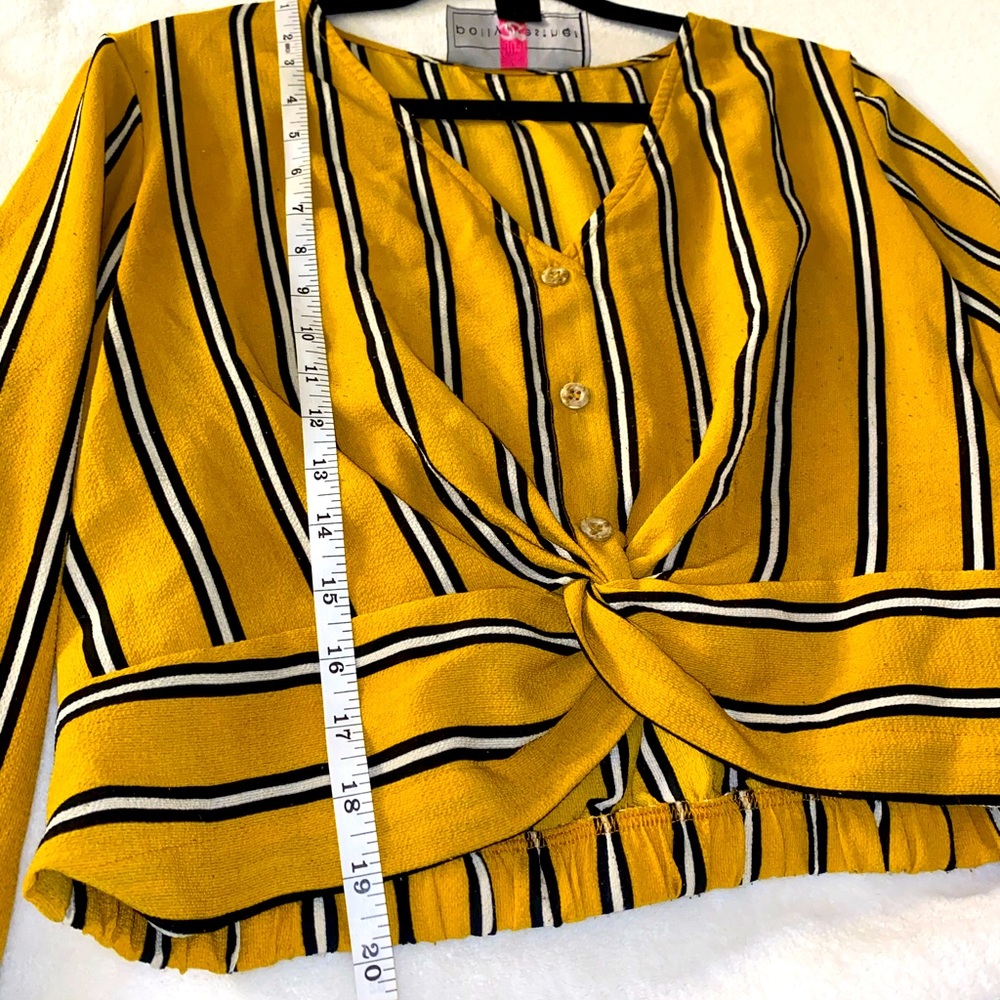 Polly & Esther Yellow Women’s Striped V Neck Blouse with Subtle Buttons Sleeves - Picture 5 of 6